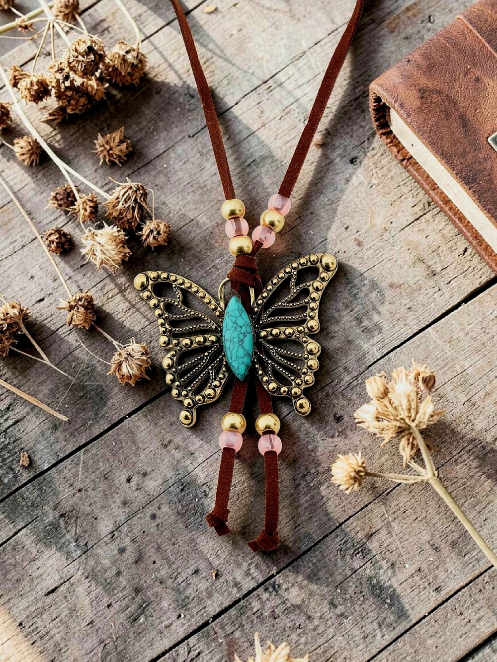 NEW Betsey Johnson Butterfly Boho Necklace Suede Cord Faux Turquoise Stone 16 in